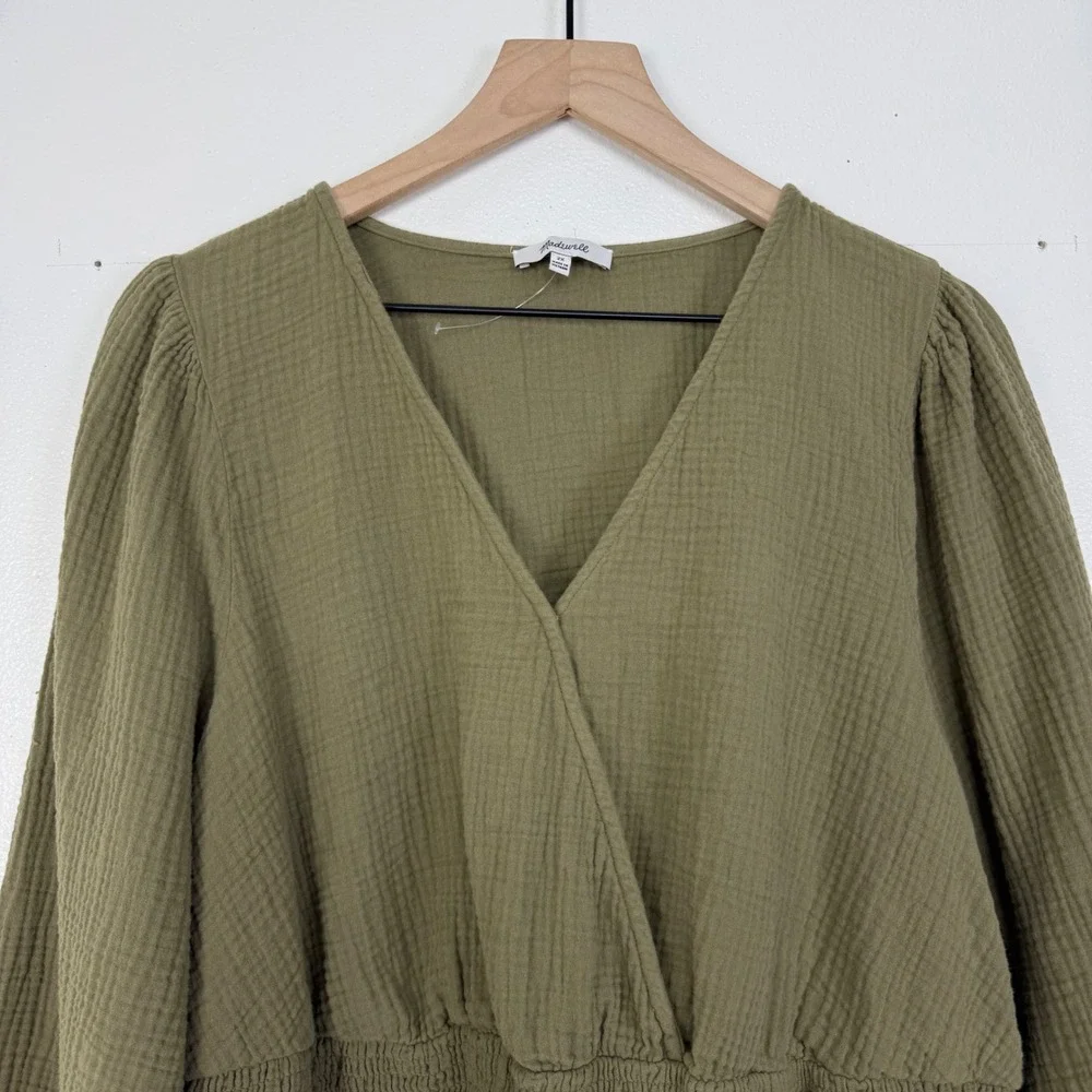 Madewell Smocked Wrap Top Womens 2X Green Cotton Gauze‎ Puff Sleeve Julianne